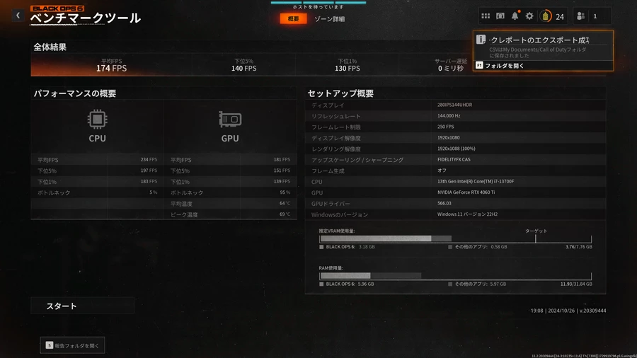 Cod BO6のベンチマーク結果画面